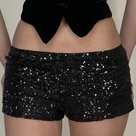 Resim Kadın Parıltılı Payet Şort, %100 Polyester Örgü Kumaş, Rahat Düz Renk, Tüm Sezon Parti Kulüp Giyim, 240g/m² Ağırlık, Şık Dar Kesim 