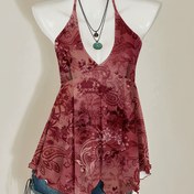 Resim Kadınlar için Retro Günlük Paisley Baskılı Halter Boyun Tank Top - Kırmızı & Çok Renkli Çiçek Deseni, Ayarlanabilir Askılar, Nefes Alabilen Yazlık Kumaş, Makinede Yıkanabilir, Orta Esneklik 