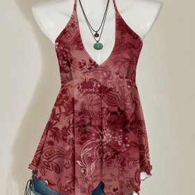 Resim Kadınlar için Retro Günlük Paisley Baskılı Halter Boyun Tank Top - Kırmızı & Çok Renkli Çiçek Deseni, Ayarlanabilir Askılar, Nefes Alabilen Yazlık Kumaş, Makinede Yıkanabilir, Orta Esneklik 