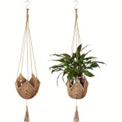 Resim 2 adet Boho Makrome Bitki Askıları, Jüt Tığ İşi İç ve Dış Mekan Duvar Asma Saksılar S-Kancalarla, Hafif Geometrik Düzensiz Şekil Ev Dekoru, Çit & Çiçek Saksıları, Ev Dekor Aksesuarları|Boho Şık Dekor|El Yapımı Askılar 