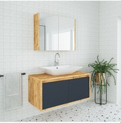Resim Banos Roomart Lavabolu Ahşap-Antrasit 100 Cm Banyo Dolabı + Ayna Antrasit 