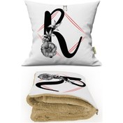 Resim R HARFİ Baskılı Kişiye Özel Opsiyonel Battaniyeli Yastık Kırlent 2 in 1 