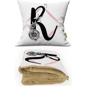 Resim R HARFİ Baskılı Kişiye Özel Opsiyonel Battaniyeli Yastık Kırlent 2 in 1 
