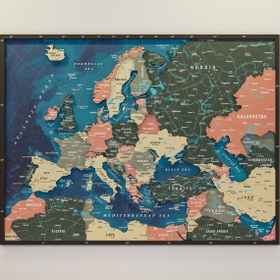 Resim Avrupa Siyasi Haritası 3D Baskı Katmanlı Ahşap Duvar Dekoru (Sage) - 100x75 cm / İngilizce 