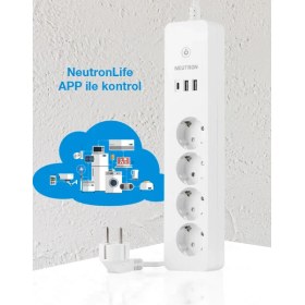 Resim Neutron Akıllı Wi-Fi Destekli 4'lü Akım Korumalı Priz 2 USB Uzatma Kablosu 