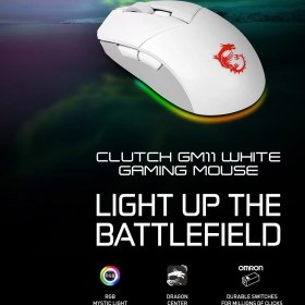 Resim Msı Clutch GM11 White Oyun Faresi, Kablolu, PAW-3325 Sensör, 400 - 5000 Dpı, 6 Tuş, Beyaz, Rgb Şerit 