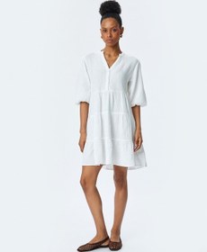 Resim Koton Pamuklu Katmanlı V Yaka Kısa Balon Kollu Mini Müslin Elbise Beyaz 5sak80128pw Beyaz 