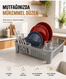 Resim Bulaşıklık Tezgah Üstü Tabak Bardak Kurutmalık Plastik Bulaşık Sepeti 33x41 Cm Gri S-10567 