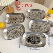 Resim 5 Adet Malikane Temalı Retro Paslanmaz Çelik Tepsiler - Vintage Kazınmış Tasarımlar, İç/Dış Mekan Kullanımı için Dayanıklı Dikdörtgen Tabaklar, Atıştırmalıklar, Meyveler, Partiler ve Piknikler, Ev Dekorasyonu için Tepsi 