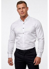 Resim Deepsea Beyaz Slim Fit Likralı Kolay Ütülenebilir Gizli Düğmeli Erkek Gömlek 2602614 