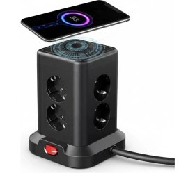 Resim Akım Korumalı Priz Kablosuz Şarj Istasyonu 7x Soket 3x USB 1xtype-C Kablolu Grup Priz Çoğaltıcı 