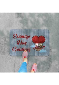 Resim Dijital Baskılı Kapı Önü Paspas Hoşgeldiniz Yazılı Çiçek Desen Ve Kedi Iç Ve Dış Kapı Yıkanabilir Bej 