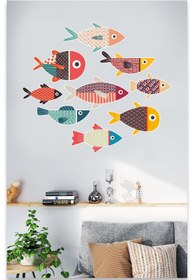 Resim Renkli Desenli Balıklar Dekoratif Çok Amaçlı Banyo, Dolap, Duvar Sticker - 65x56 cm / Karışık Renkli / Deniz Canlıları 