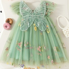 Resim 1 adet ZOSEYIES Kızlar Yaz Elbisesi, Sevimli Kelebek Kanat 3D Nakış Tulle Etek, Geniş Balon Silueti, Dokuma Polyester, Esnek Olmayan Çiçek Deseni, Çocuklar İçin Standart Uygunluk 