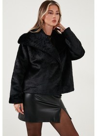 Resim Lela Oversize Geniş Yaka Çıtçıt Düğmeli Astarlı Peluş Bayan Mont 6839623 Siyah 
