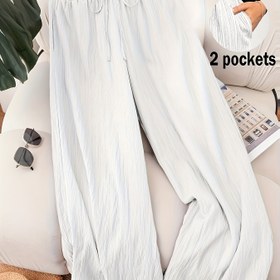 Resim Artı Boyutlu - Kadınlar için Artı Boyutlu Bej Geniş Bacaklı Pantolon, Bağcıklı Bel - Günlük Kullanım için Rahat Polyester Karışımı, Günlük Rahat Pantolon | Geniş Bacaklı Pantolon | Pürüzsüz Dokulu 