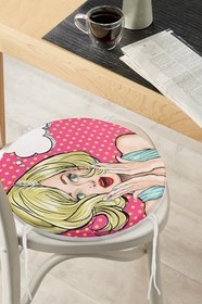 Resim RealHomes Pop Art Resimli Dijital Baskılı Yuvarlak Fermuarlı Sandalye Minderi, FrmYuv-737 