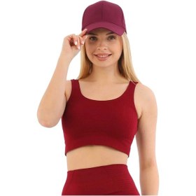 Resim Carlburn Özel Üretim Göğüs Toparlayıcı Sarkma Önleyen Spor Günlük Kalın Askılı Pedli Fitilli Crop Büstiyer Bordo 