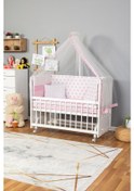 Resim Ahşap Beşik Anne Yanı Beşik Beyaz 60x120 - Pembe Yıldız Tek Yastık Uyku Seti + Yatak + Tekerlekli Beyaz 