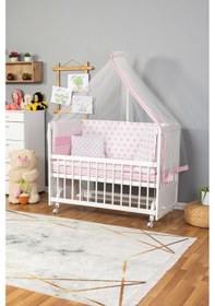 Resim Ahşap Beşik Anne Yanı Beşik Beyaz 60x120 - Pembe Yıldız Tek Yastık Uyku Seti + Yatak + Tekerlekli Beyaz 