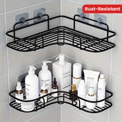 Resim Paslanmaz Çelik Köşe Duş Rafı - Paslanmaya Dayanıklı, Duşakabin Şampuanı, Kondisyoneri ve Kozmetikleri için Duvar Montajlı Banyo Düzenleyici, Şık Siyah Kaplama, Delme Gerektirmez, Kozmetik Depolama | Şık Siyah Kaplama | Korozif Dayanıklı Yapı, Duş Sepetleri 