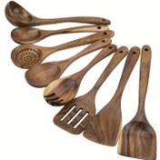 Resim 8 adet, Akasya Ahşap Mutfak Araç Seti, yapışmaz pişirme gereçleri, Dayanıklı Ahşap Pişirme Kaşıkları ve Spatulalar, Çok Amaçlı Set 