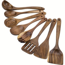 Resim 8 adet, Akasya Ahşap Mutfak Araç Seti, yapışmaz pişirme gereçleri, Dayanıklı Ahşap Pişirme Kaşıkları ve Spatulalar, Çok Amaçlı Set 