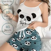 Resim Kadınların Panda Temalı Pijama Seti, Kemer Yay Süslemesi, Karikatür Sevimli Panda Baskısı, Elastik Bel Detaylı, Mükemmel Pijama Seçeneği, Makine Yıkanabilir ve Kurutma Yıkanabilir 