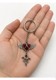 Resim Kırmızı Kalp Kanatlı Gotik Anahtarlık Metal Gümüş Renk Aksesuar 