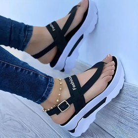 Resim Şık Kadın Kalın Topuklu Sandaletler - Açık Ayak, Ayak Bileği Kayışı, Sentetik Üst ve Dolgu, Kauçuk Taban, Yaz Kayma Tasarımı, Düşük Topuklu Platform Sandaletler|Şık Ayakkabılar|Sentetik Üst Sandaletler 