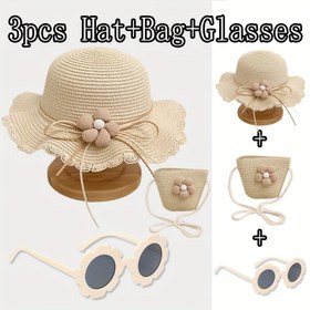 Resim 3 parça Gençler için Gözlük + Şapka + Çanta Seti, Kızlar için Geniş Kenarlı Yazlık ve Saman Şapkalı Kıyafet, Günlük Kullanıma Uygun Moda Balıkçı Şapkası 