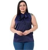 Resim Büyük Beden Yakası Fularlı Yanı Yırtmaçlı Saten Lacivert Bluz-Lacivert 