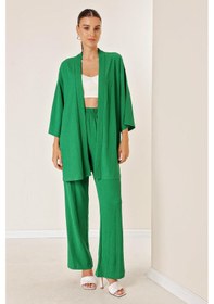 Resim By Saygı Bürümcük Pantolonu Cepli Kimono Takım-34051 Yeşil 