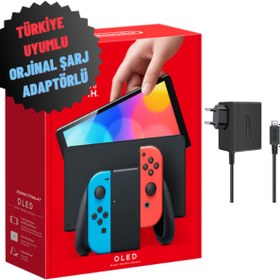 Resim Tekno İthalat Nintendo Switch Oled 64 Gb Türkiye Uyumlu Şarj Adaptörlü Konsol - Kırmızı/Mavi 