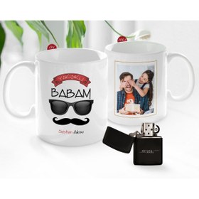 Resim Bk Gift Kişiye Özel Babalar Günü Hediyesi Fotoğraflı Kupa Bardak Ve Benzinli Çakmak Seti-82 