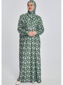 Resim Manolyaşal İslamic Hijab Pratik Tek Parça Manolya Desenli Namaz Elbisesi Haki 