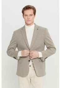 Resim Premıum Altınyıldız Erkek Bej Yünlü Regular Fit Mono Yaka Kapak Cepli Armürlü Blazer Ceket 