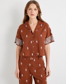Resim Koton Crop Gömlek Etnik Desenli Kısa Kollu Düğmeli Kahverengi 4sak60124pw Kahve 