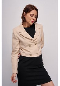 Resim Kadın Kruvaze Yaka Gold Düğme Detaylı Crop Blazer Ceket Taş 