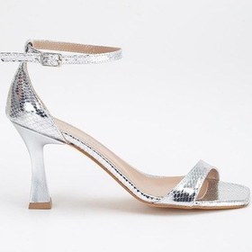 Resim Büyük Numara Tek Bant Yılan Baskılı Rugan Gümüş Kadın Topuklu Sandalet-2978-gümüş Gümüş 