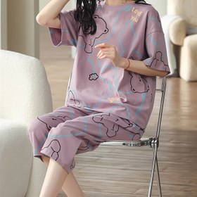 Resim Yazlık Yeni Kadın Karikatür Ayı Baskılı Pijama Takımı, Kısa Kollu Mor Üst ve Yedibuçuk Pantolon, Rahat Günlük Kalıp 