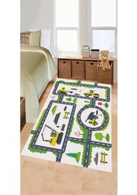 Resim Kaymaz Tabanlı Yıkanabilir Çocuk Halısı İş Makineleri Kepce Çok Renkli 