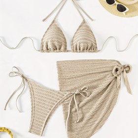 Resim Tek Renk Üçgen Kupa Halter Boyun Düşük Bel Pantolon ve Yan Bağcıklı ile Düğümlü Yan Panel Özel Kumaş Üç Parça Bikini Takımı 