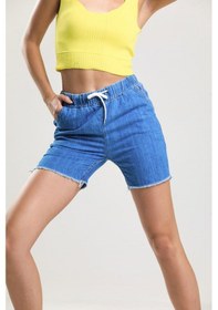 Resim Pass&Pass 2080 Kadın Püsküllü Paça Jeans Denim Kot Şort Mavi 