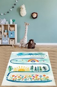 Resim Pelangi Bulut Gökkuşağı Güneş Renkli Çiçekler Desenli Yıkanabilir Kaymaz Taban Leke Tutmaz Çocuk Odası Halı, Mavi-Yeşil-Sarı 100 x 300, 7642013610030005 