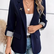 Resim Şık Kadınlar için Lacivert Blazer - Şık Üç Çeyrek Kollu, Polyester, Düğmeli Ön Yüzey ve Süslemeli Altın Yıldız, Makinede Yıkanabilir - Ofis ve Günlük İlkbahar/Yaz Kıyafetleri için Mükemmel 