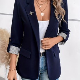 Resim Şık Kadınlar için Lacivert Blazer - Şık Üç Çeyrek Kollu, Polyester, Düğmeli Ön Yüzey ve Süslemeli Altın Yıldız, Makinede Yıkanabilir - Ofis ve Günlük İlkbahar/Yaz Kıyafetleri için Mükemmel 