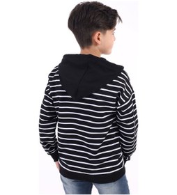 Resim Toontoy Kids Toontoy Erkek Çocuk Oversize Kapüşonlu Düşük Omuz Baskılı Çizgili Sweatshirt - Garni Detaylı & 2 İplik Siyah 