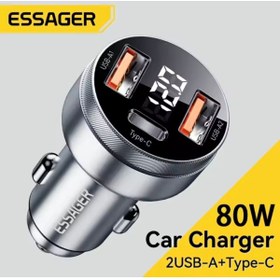 Resim essager 80W Araç Şarjı Type-C+Usb Giriş Hızlı Pd Ce Lisanslı Dijital LED Gösterge Orginal Sağlam Şık Uyumlu 