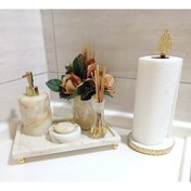 Resim Sümeyra Marble Art Light Sugar - Doğal Mermer Banyo Seti | Tek Parça Tepsili | Gold Top Ayaklı | Gold Havluluk | 5lı 